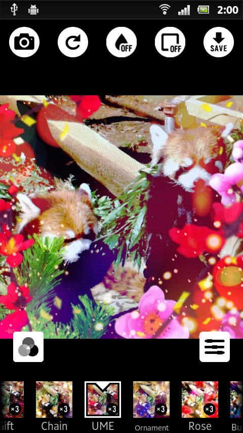 華やかなフィルターを写真に重ねることができ、同じテーマのフィルターが3パターン用意されている