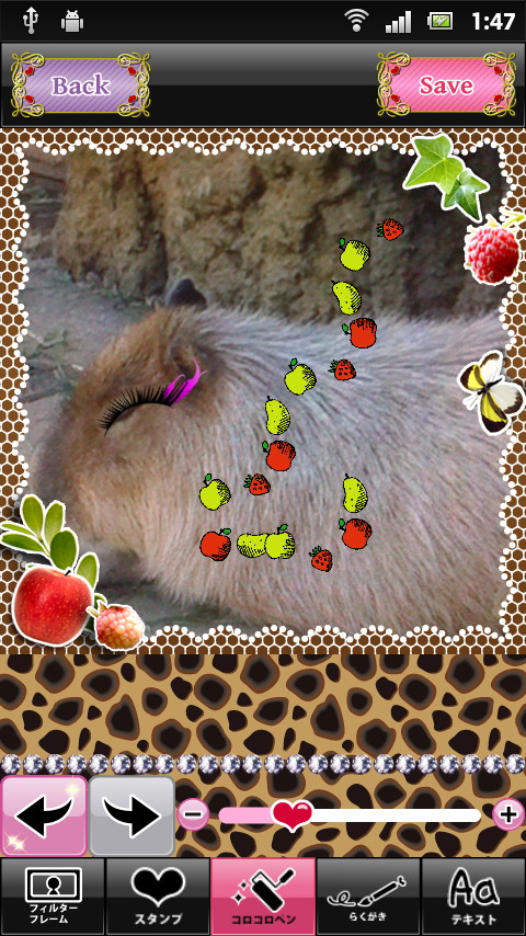 画面をなぞることで、同じスタンプを連続で貼り付けられる“コロコロペン”ツールも用意