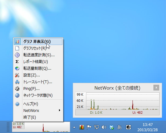 小さなモニターウィンドウやタスクバー埋め込みのツールバーで転送量のグラフを確認