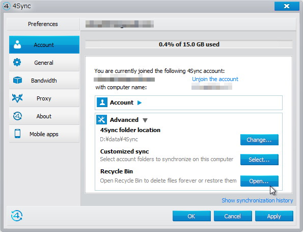 “Recycle Bin”は設定ダイアログの“Account”画面から表示できる