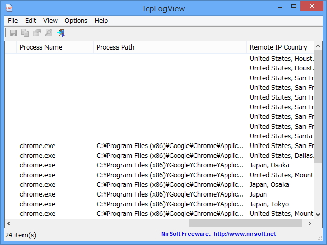 “TcpLogView.exe”を起動すれば“Remote IP Country”カラムに国・都市が表示される