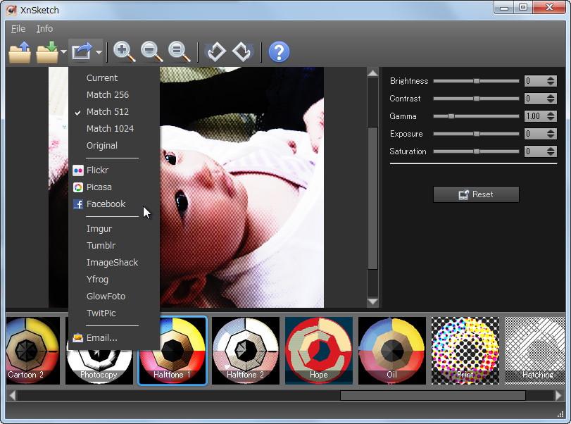 加工した写真はFlickrやFacebook、TwitPic、TumblrといったWebサービスで共有可能