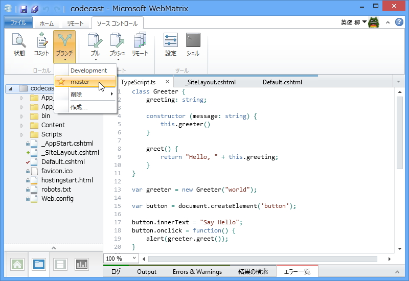 “Git”や“Team Foundation Service（TFS）”がリボンやフォルダツリーに統合