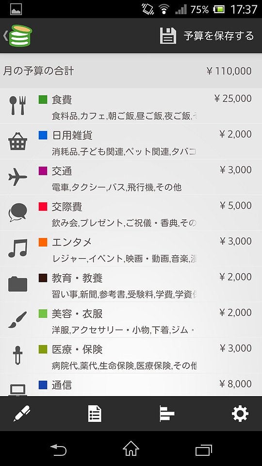 費目別の月間予算を入力して設定可能
