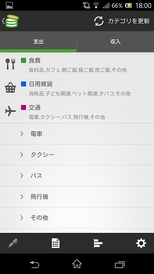 レシートの読み取りではなく、費目から選択して手入力で支出を記録することも可能