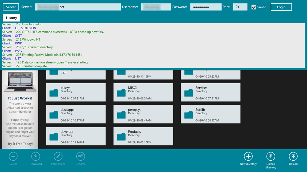 アプリバーで接続情報を入力。［History］ボタンでログを閲覧することも可能