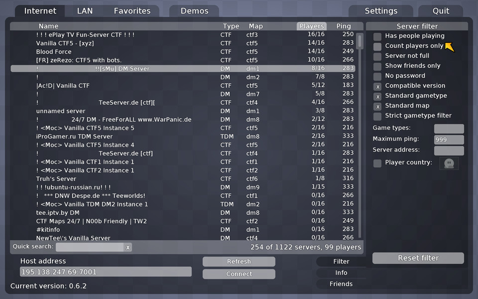 インターネット上にあるサーバーがリストアップされる。参加者がいるサーバーでPingの低いものを選ぶのがいい