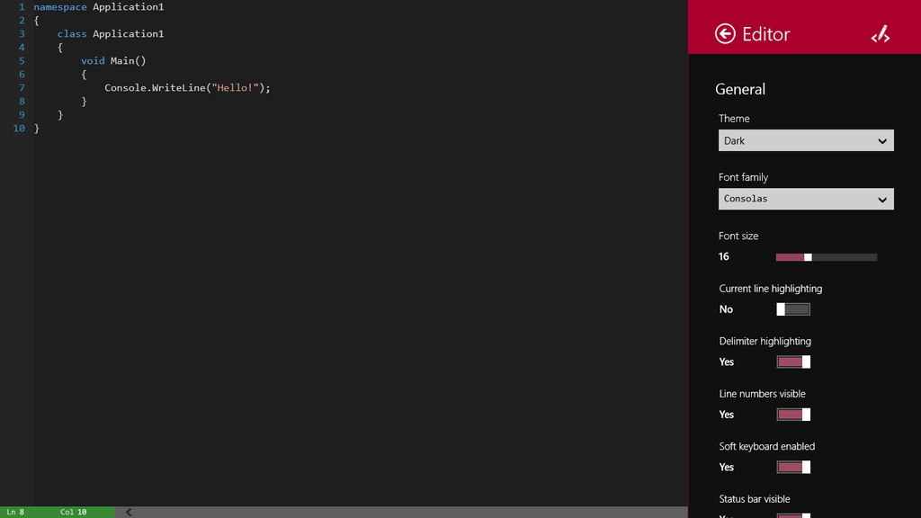 編集画面の表示設定や、言語とファイル拡張子の関連付けといった設定は［設定］チャームから