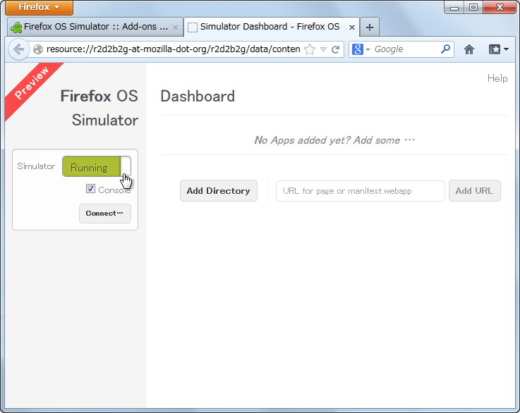 “Simulator Dashboard - Firefox OS”画面