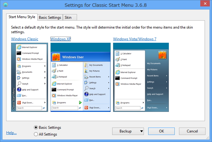 Wndows Classic、Windows XP、Windows 7の3種類が選択可能