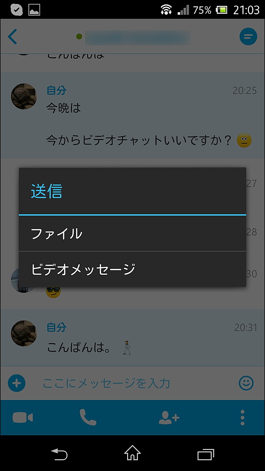 入力欄左側の［+］ボタンから、端末内のファイルやカメラで撮影した“ビデオメッセージ”を送信可能