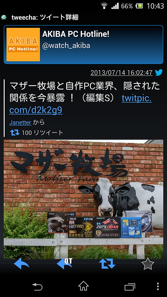 タイムラインで画像を含んだツイートをタップすると、詳細画面で画像を拡大表示することが可能