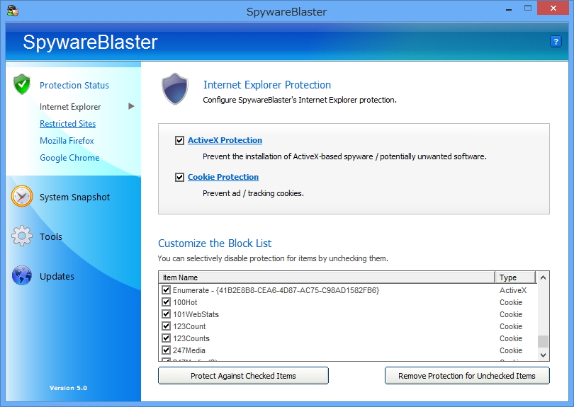 「SpywareBlaster」で「Internet Explorer」の“Cookie Protection”を有効化すると、迷惑なCookieが「Internet Explorer」のブロックリストに追加される