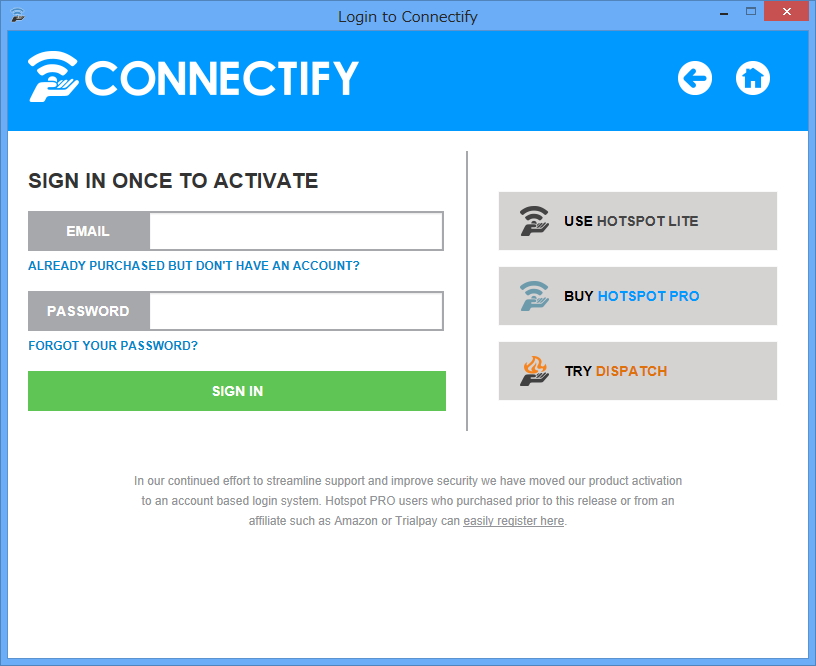 「Connectify Lite」は無償。アカウントの作成も不要