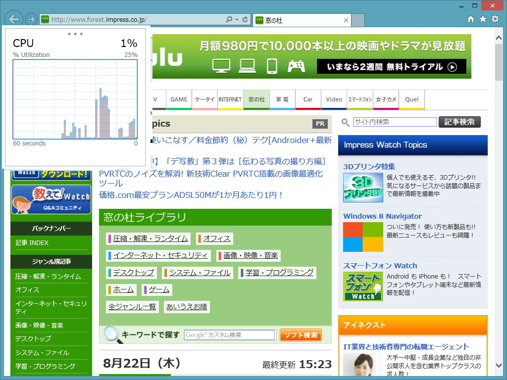 ブラウザーの負荷を手軽にモニタリングできる“パフォーマンス ダッシュボード”。［Alt］キーでメニューバーを表示して、［ツール］－［パフォーマンス ダッシュボード］を選択