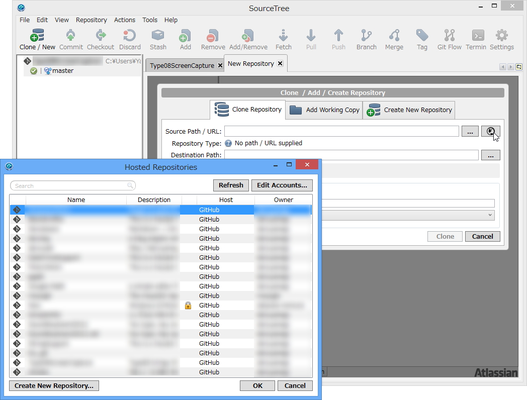 “Bitbucket”“Stash”“GitHub”でホストしているリモートプロジェクトを「SourceTree」から直接開けるように