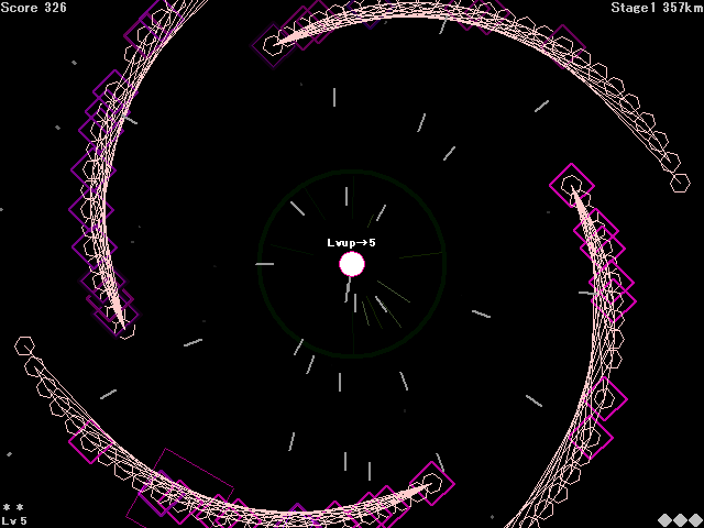 “HARDモード”では敵にショットが当たると、四角（◇）で囲まれる。これがロックオン状態で、マウスの左ボタンを離すと一斉に攻撃が行われる