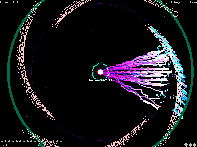 “HARDモード”では敵にショットが当たると、四角（◇）で囲まれる。これがロックオン状態で、マウスの左ボタンを離すと一斉に攻撃が行われる