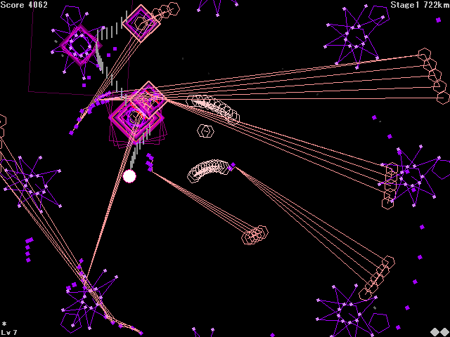 さらに進んだモードでは敵がショットで攻撃してくる。敵の群れを倒せばその敵が出した弾幕は消滅するのだが、全方位から襲ってくるせいで避けるのが大変！