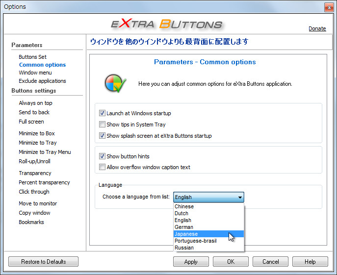 “Option”ダイアログの“Common options”画面