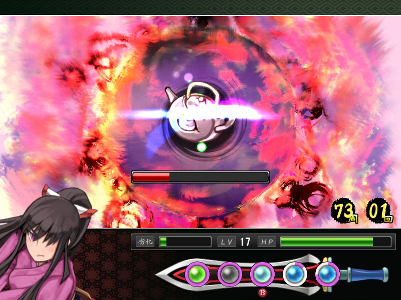 攻撃や防御でゲージを溜めつつ、九十九神の力を使って敵を倒していく