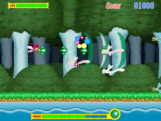 魔法は3種類。緑色は貫通力がありザコ敵を倒すのに便利な“ウェーブ”