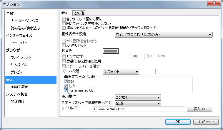 オプションダイアログの“表示”画面