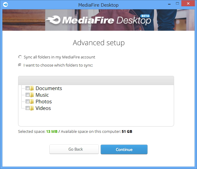 同期対象のサブフォルダを選択。あとで設定画面から変更することも可能