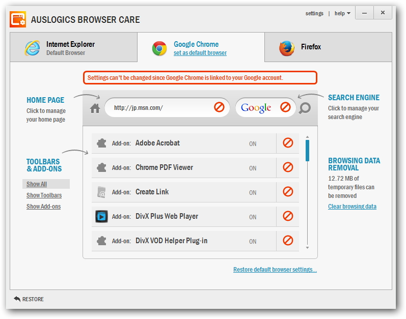 「Google Chrome」のメンテナンス。Googleアカウントでログインした「Google Chrome」の設定は変更できないので注意