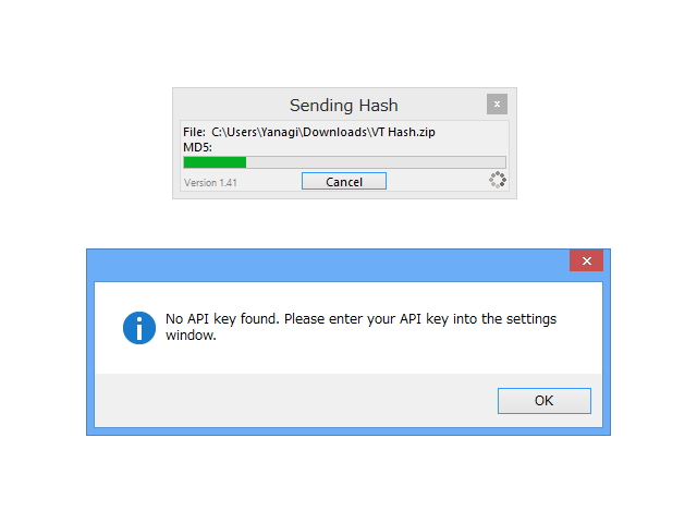 とりあえずファイルの右クリックメニューから［Check File Hash］項目を選択。初回起動時にAPIキーの入力が求められる