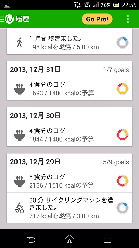 “履歴”画面では、食事や運動による摂取・消費カロリーなどの履歴を閲覧できる