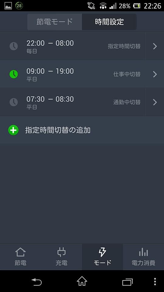 ［時間設定］タブの一覧では、作成したパターンを有効化・無効化できる