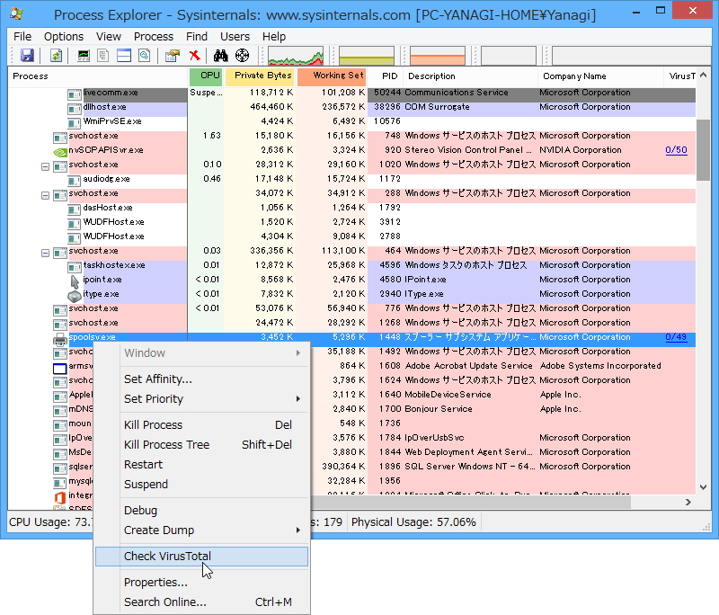 ［Check VirusTotal］メニューを選択