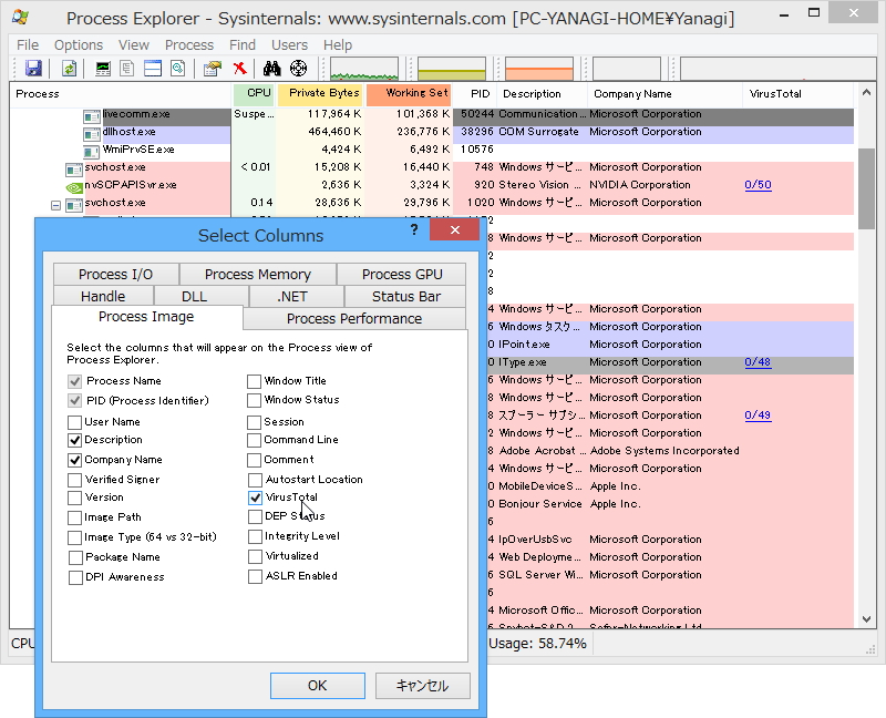 連携機能を有効化するとプロセスツリーに“VirusTotal”カラムが追加され、スキャン結果が表示される