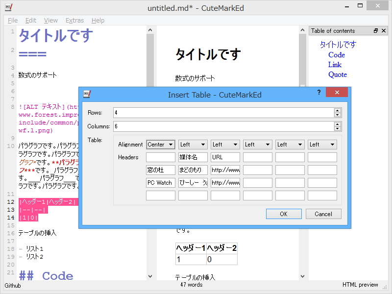 テーブルの挿入ツール。オリジナルのMarkdownではテーブルを表現できないが、本ソフトでは“<a class="" href="http://michelf.ca/projects/php-markdown/extra/">PHP Markdown Extra</a>”スタイルのテーブル表現がサポートされている