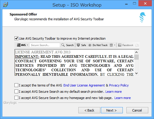 セットアップ時に「AVG Security Toolbar」のインストールが案内されるが、ユーザー側で拒否することもできる