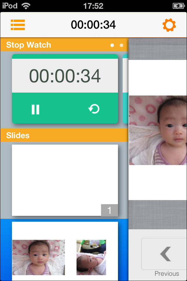 スライドのサムネイル一覧とタイマー・ストップウォッチの操作パネル