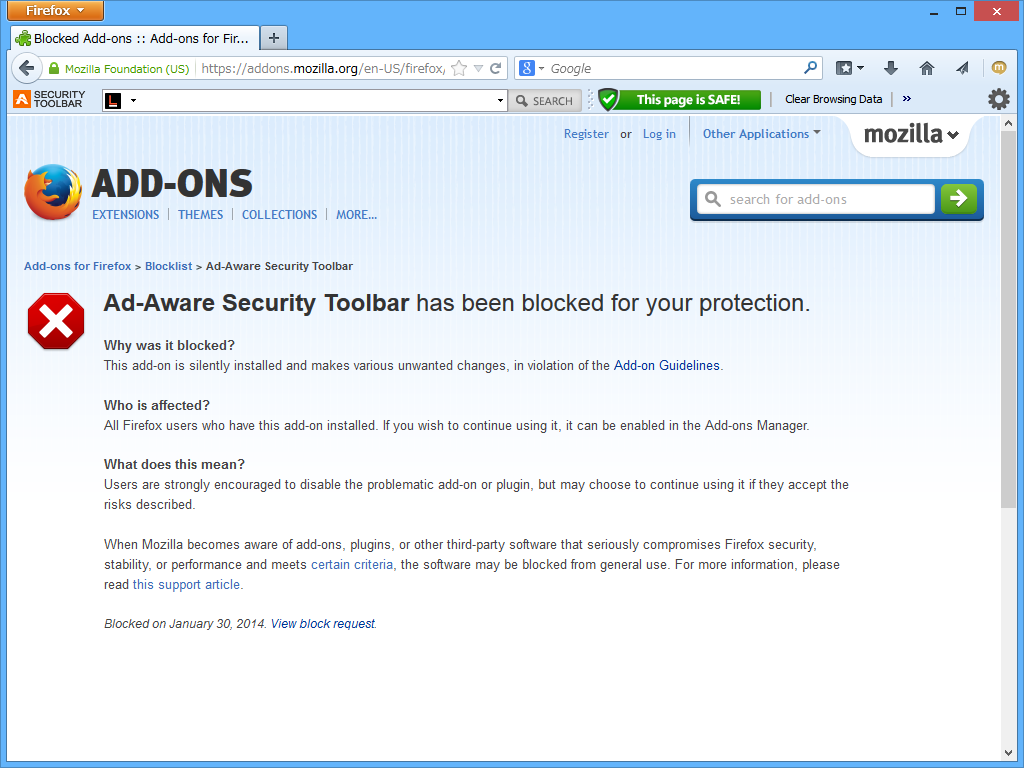 「Ad-Aware Security Toolbar」がアドオンのブロックリストに