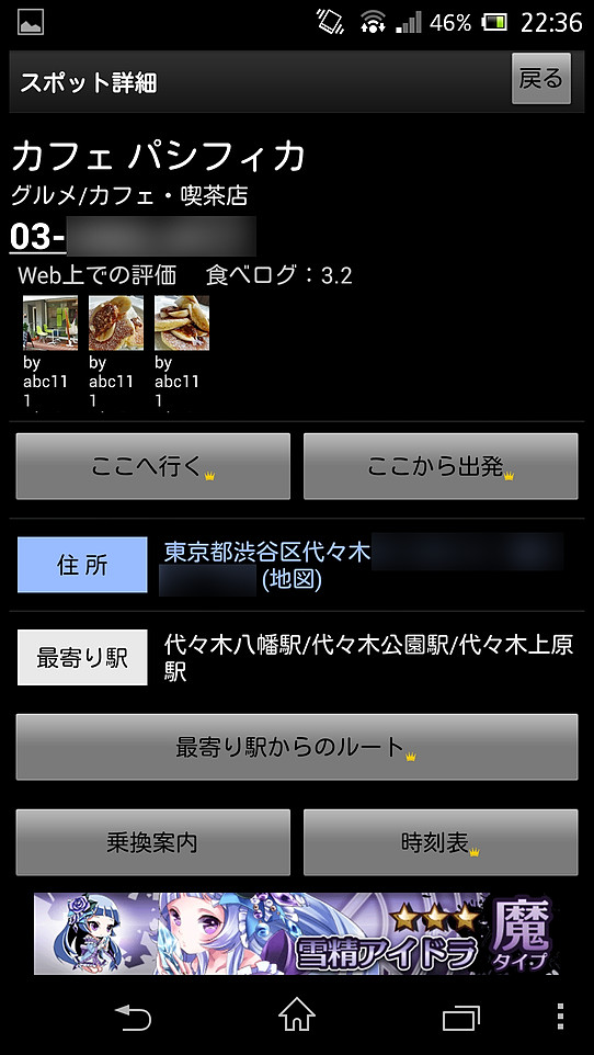 地図上のピンをダブルタップすると、詳細画面でスポットの情報を確認できる