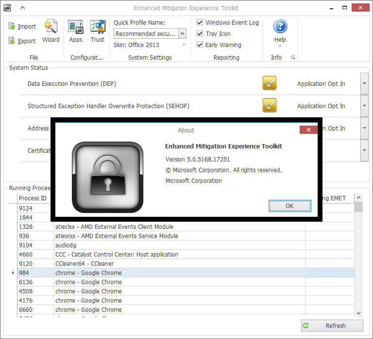 「Enhanced Mitigation Experience Toolkit（EMET）」v5.0.5168.17251