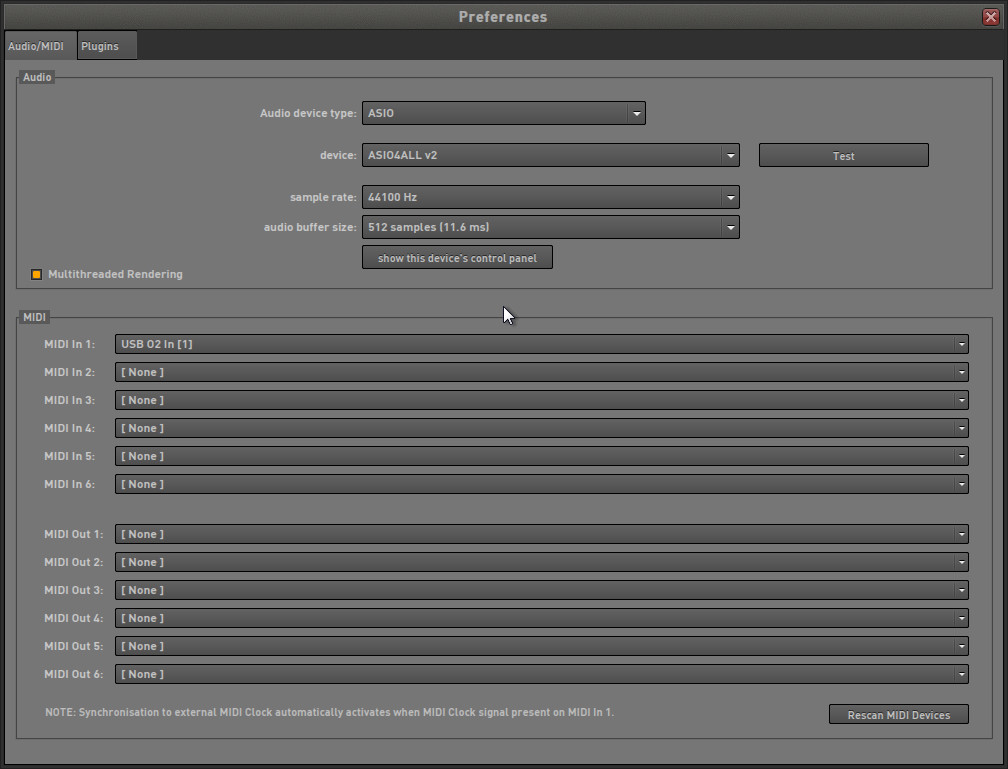 “Preferences”ダイアログの［Audio/MIDI］タブ