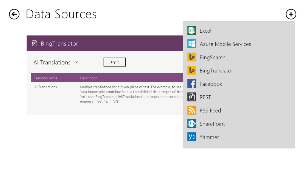 データソースとして新たに“BingSearch”“BingTranslater”“Facebook” “Yammer”を追加