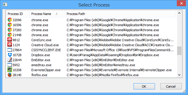 プロセスの選択画面