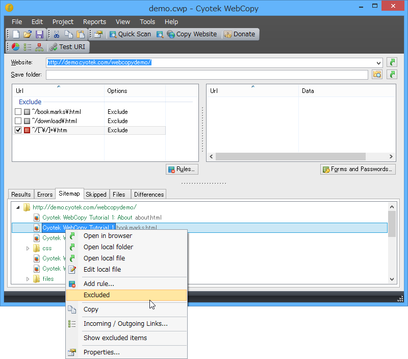 ［Sitemap］タブで当該ファイルを右クリックし、［Exclude］メニューを選択