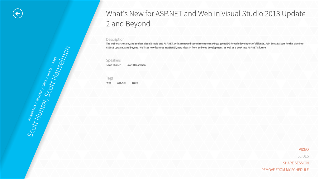 “Build 2014”のセッションのタイムテーブルが確認可能。スピーカーやキーワードを元にセッションを検索することも