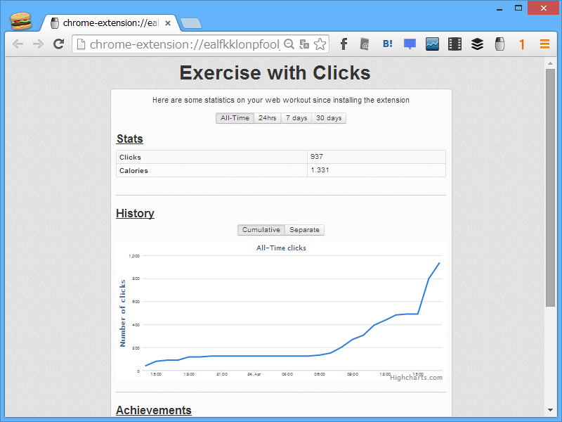 マウスクリックの回数や消費カロリーをチャートとして表示することも可能