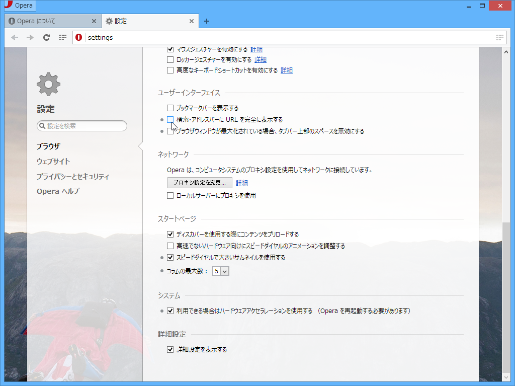 “検索・アドレスバーに URL を完全に表示する”オプションが追加