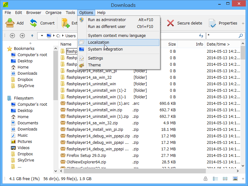 ［Options］－［Localization］メニューを選択し“ja.txt”を読み込めば、ユーザーインターフェイスが日本語化される