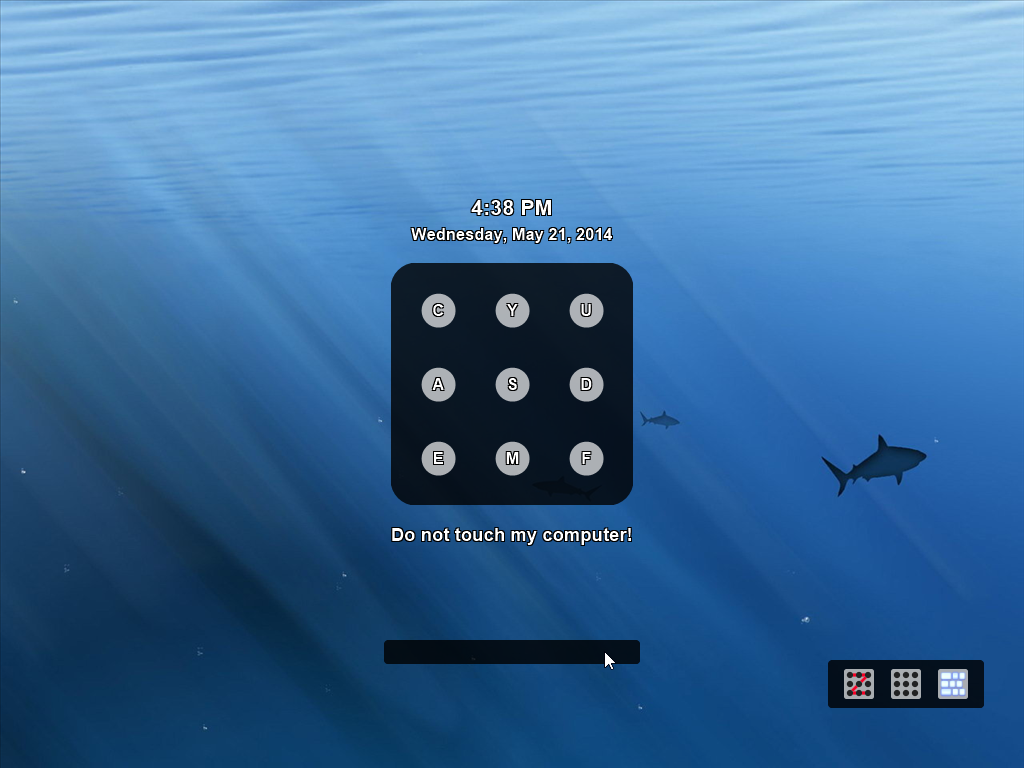 各ポイントに表示されるアルファベットをパターン通りに入力する方式。キーボード入力でロックを解除可能