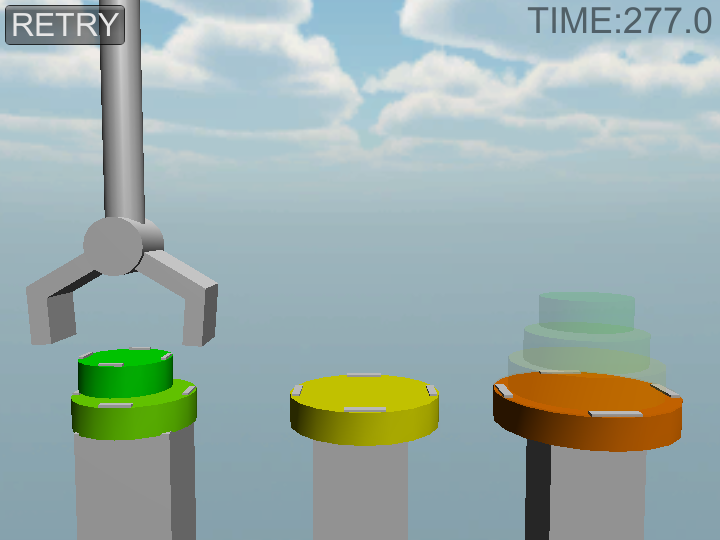 本来の“ハノイの塔”のルールを無視できるが、物理演算で別の難しさを作り出した作品。出落ちネタだと思ったら、これが結構難しい